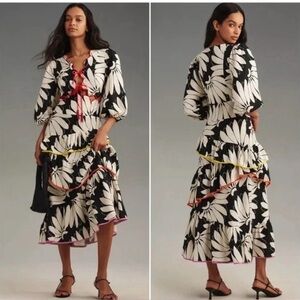 Farm Rio Anthropologie Cutout Tiered Linen Maxi Dress Size XL